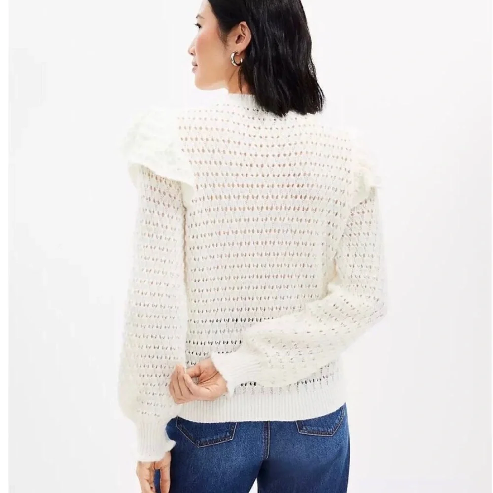 LOFT Cream Ruffle Shoulder Crewneck Knit Pull Over Sweater - Picture 2 of 12